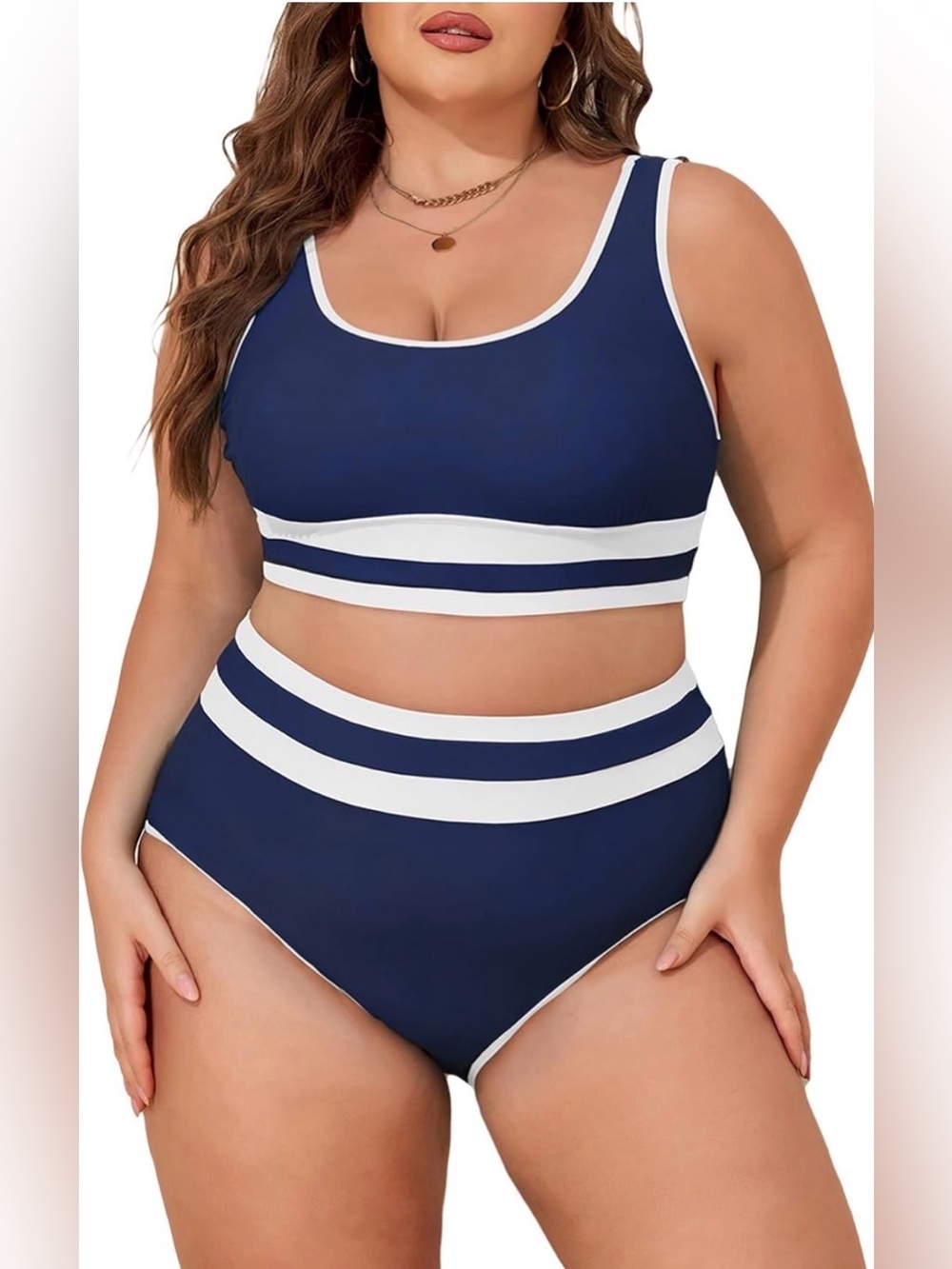 0053: Womens Plus Size Bikini Sets High Waisted Scoop Neck Two Piece Color Block